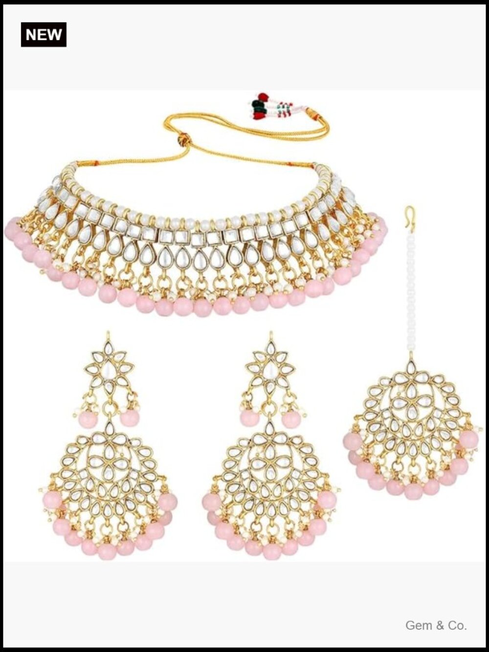 Indian Faux Kundan Beaded Necklace Earrings Maang Tikka Jewelry Set Traditional